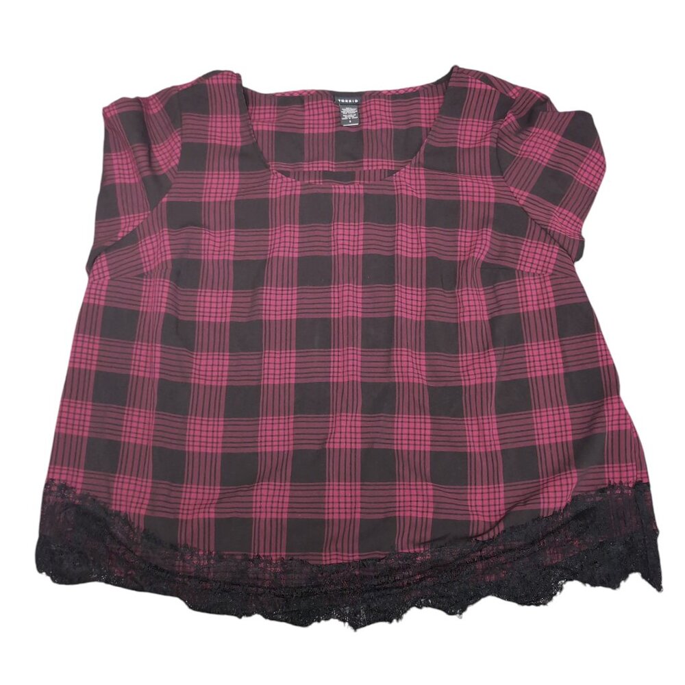 Torrid Blouse Womens 3X Red Black Plaid Short Sleeve Lace Hem Slit Back Top